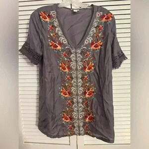 Sundance Gray Blouse with Red and Orange Floral Embroidery